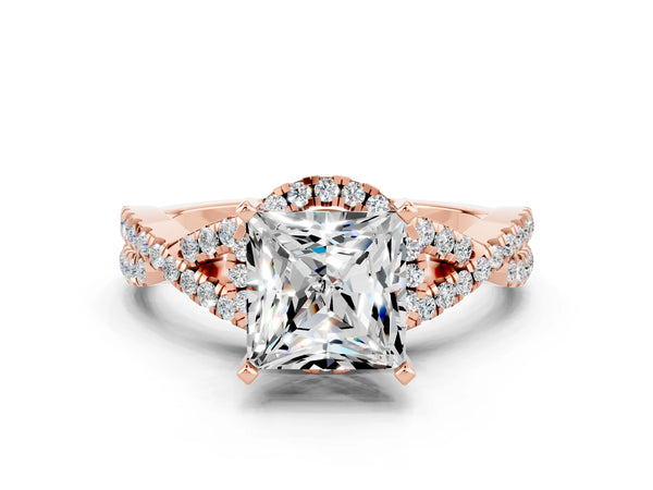 Rose gold Princess Cut Moissanite  Halo Twist Band Solitaire Prong Setting Ring