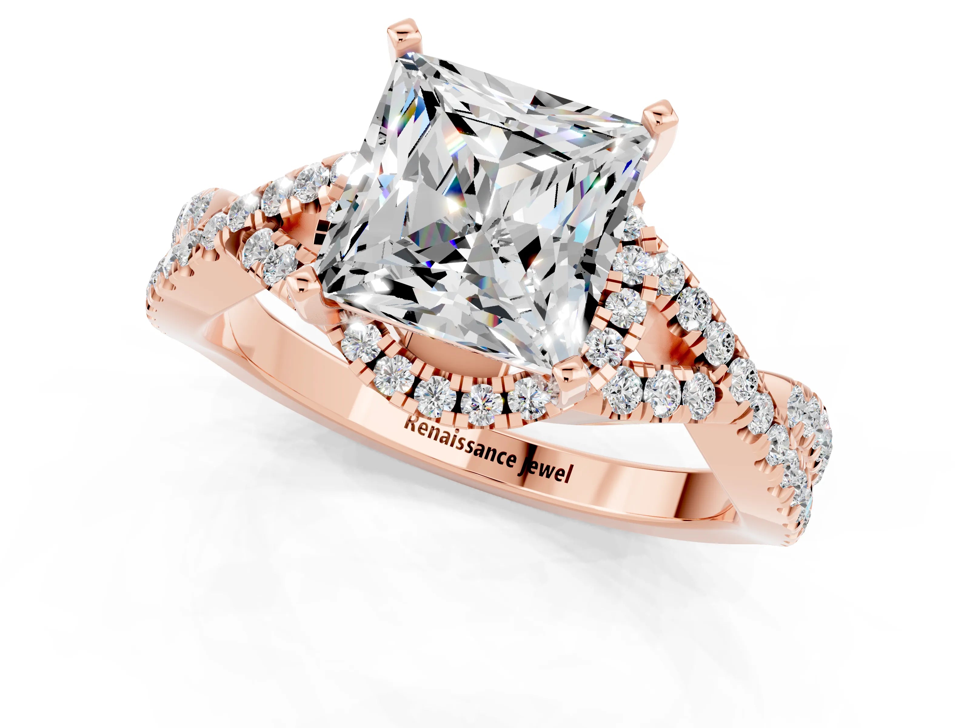 Rose gold Princess Cut Moissanite Halo Twist Band Solitaire Prong Setting Ring_1