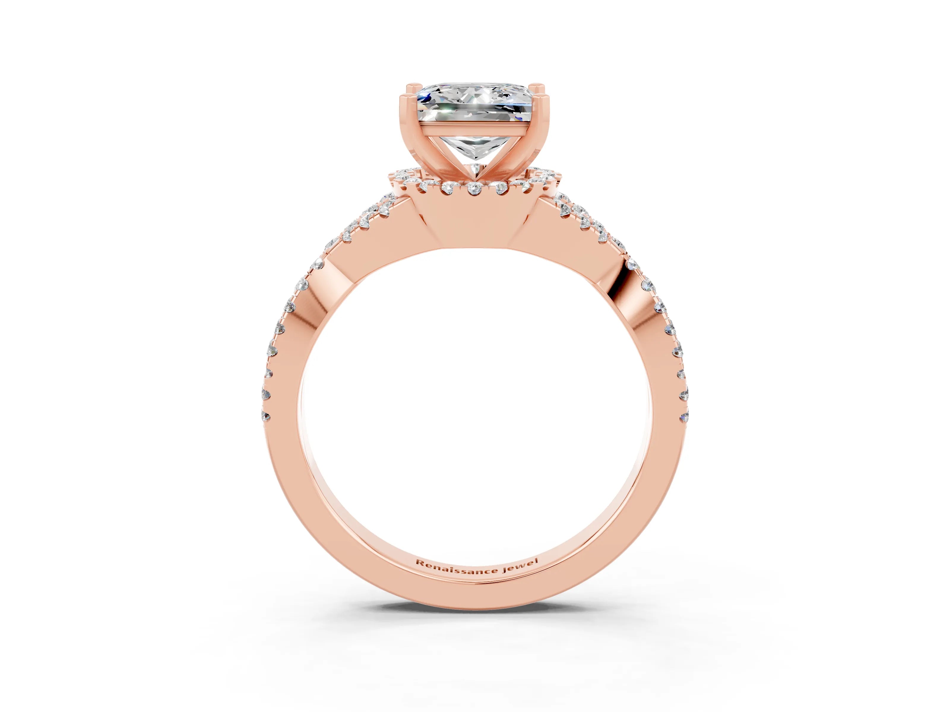 Rose gold Princess Cut Moissanite Halo Twist Band Solitaire Prong Setting Ring_3