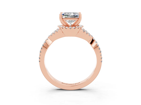 Rose gold Princess Cut Moissanite  Halo Twist Band Solitaire Prong Setting Ring