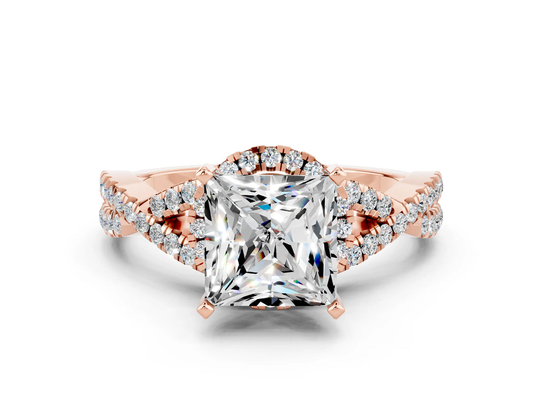 Rose gold Princess Cut Moissanite  Halo Twist Band Solitaire Prong Setting Ring_36