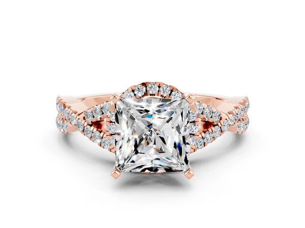 Rose gold Princess Cut Moissanite  Halo Twist Band Solitaire Prong Setting Ring