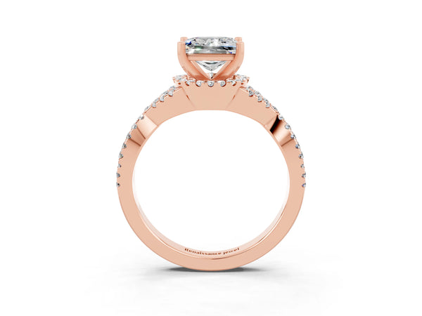 Rose gold Princess Cut Moissanite  Halo Twist Band Solitaire Prong Setting Ring