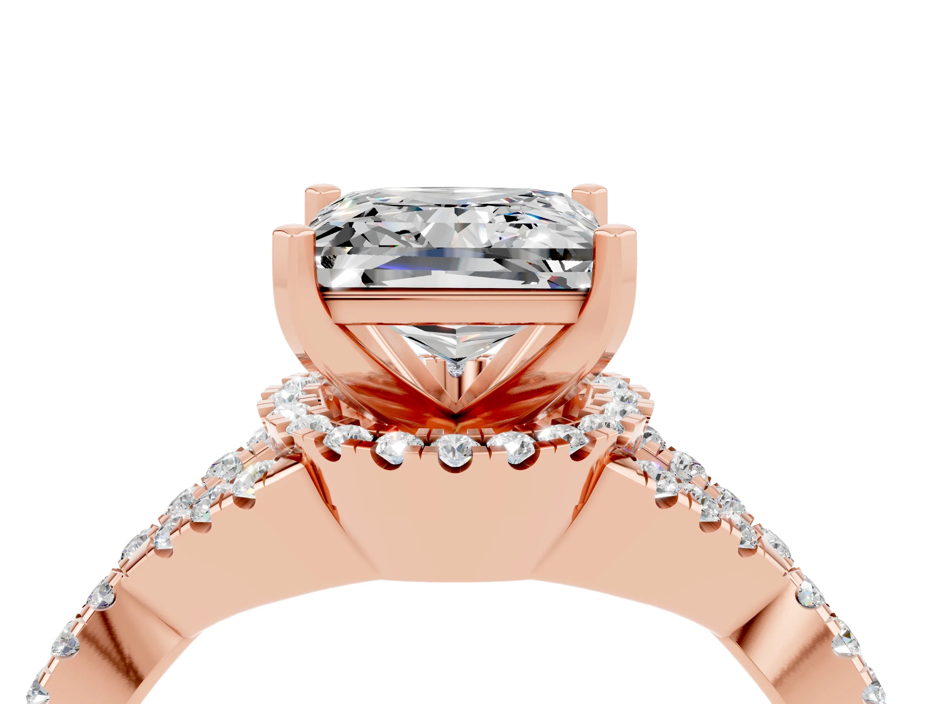 Rose gold Princess Cut Moissanite Halo Twist Band Solitaire Prong Setting Ring_4