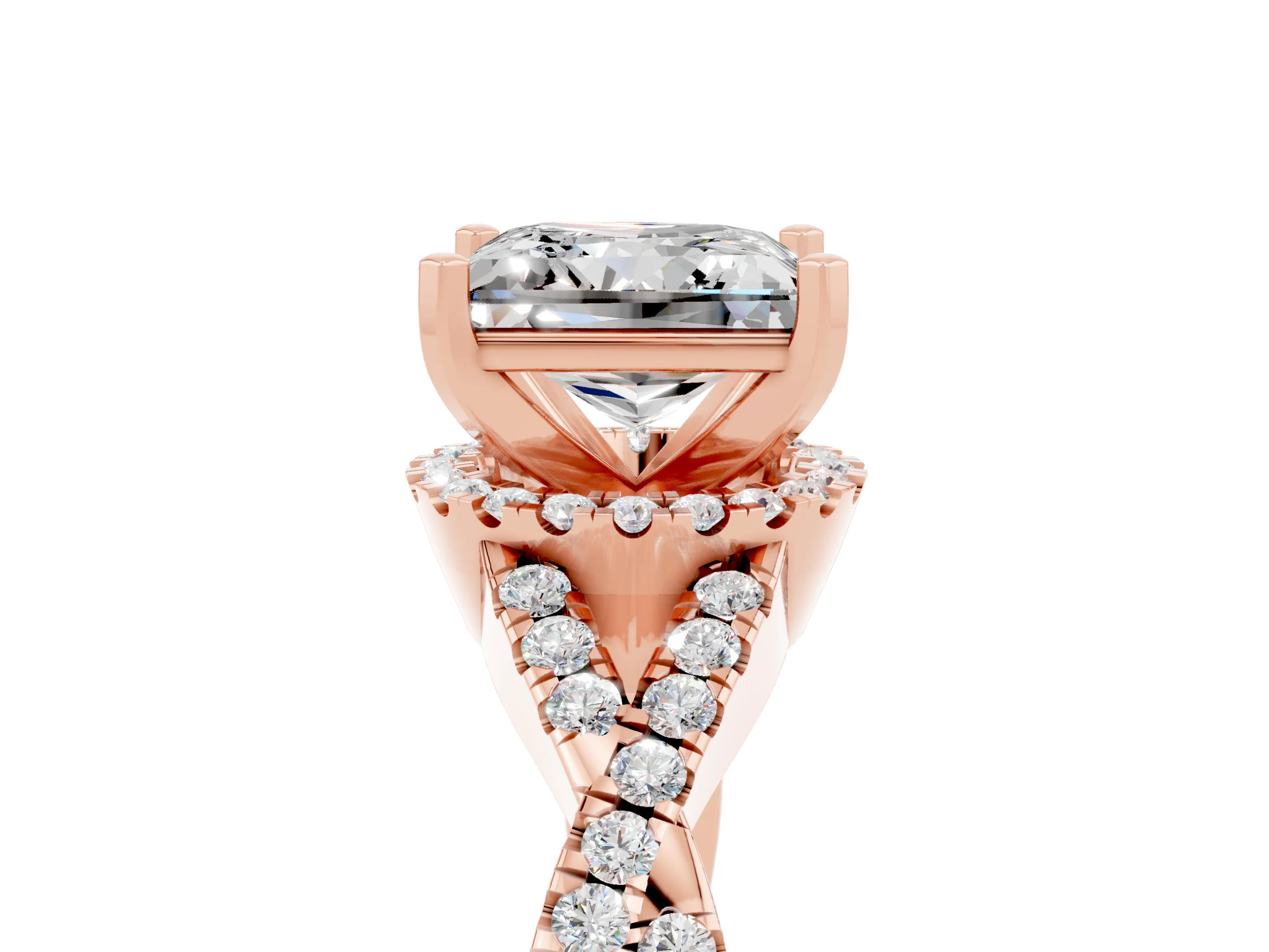 Rose gold Princess Cut Moissanite Halo Twist Band Solitaire Prong Setting Ring_5