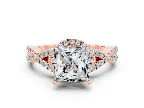 Rose gold Princess Cut Moissanite Halo Twist Band Solitaire Prong Setting Ring