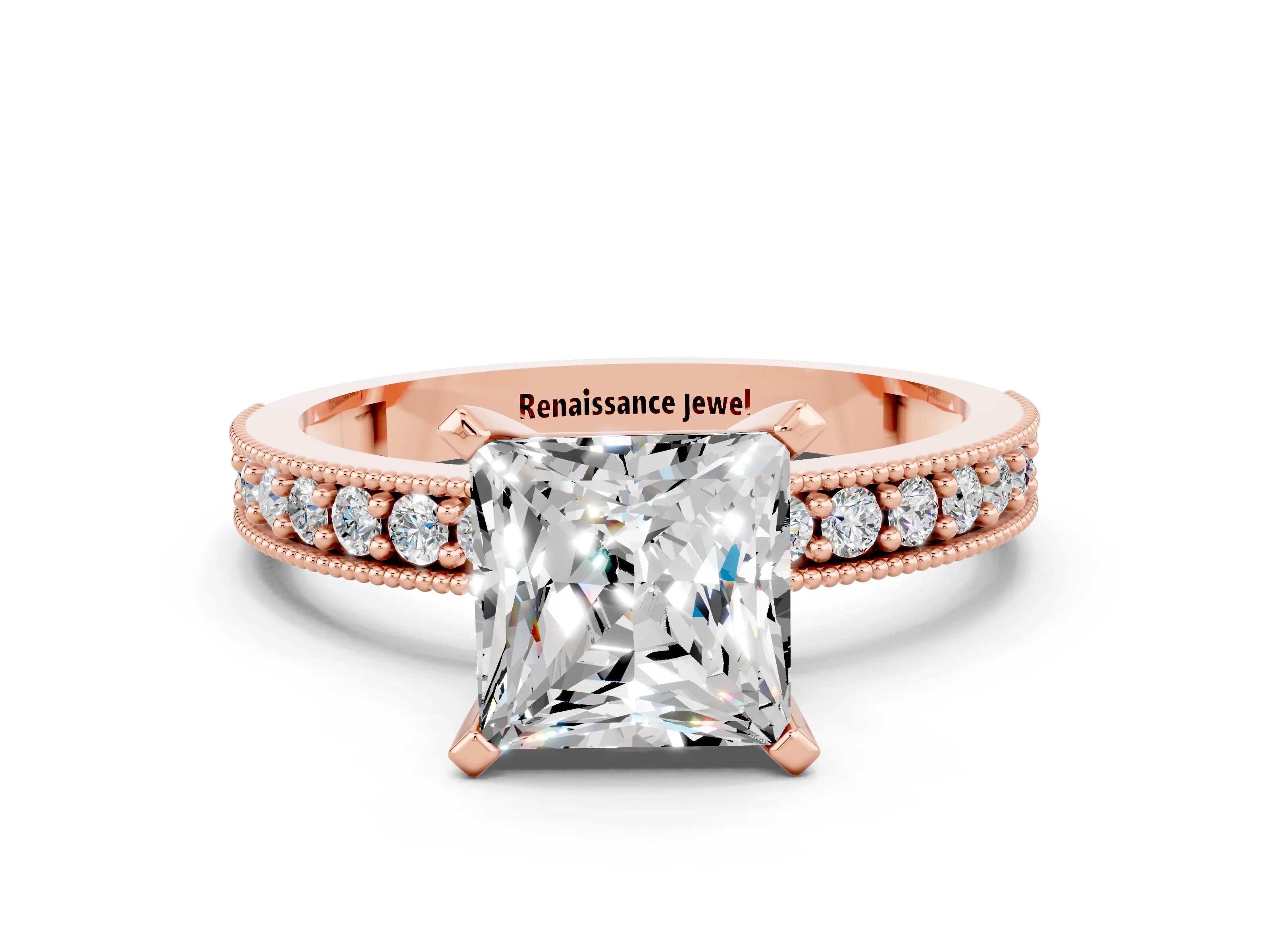 Rose gold Princess Cut Moissanite Milgrain Pavé Engagement Ring with Four-Prong Setting_12