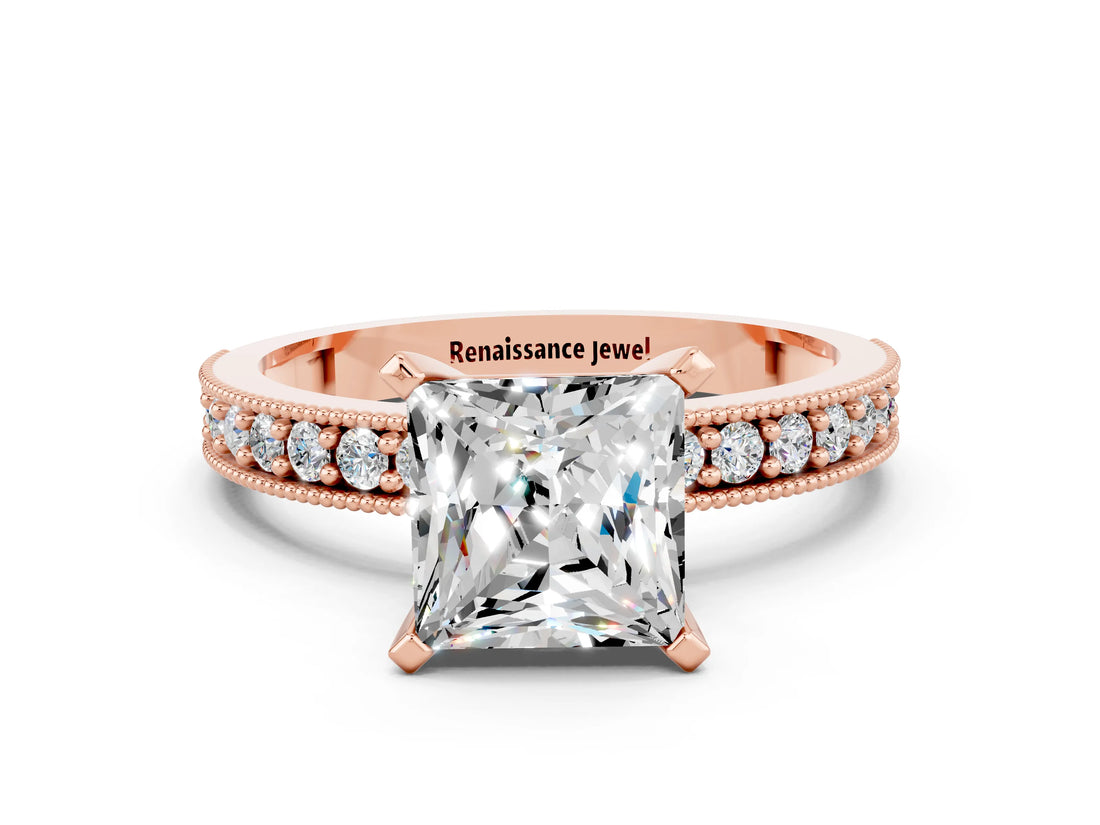 Rose gold Princess Cut Moissanite Milgrain Pavé Engagement Ring with Four-Prong Setting_12