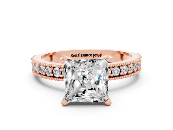 Rose gold Princess Cut Moissanite Milgrain Pavé Engagement Ring with Four-Prong Setting