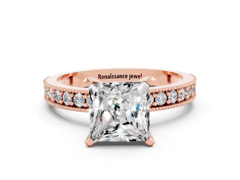 Rose gold Princess Cut Moissanite Milgrain Pavé Engagement Ring with Four-Prong Setting_12
