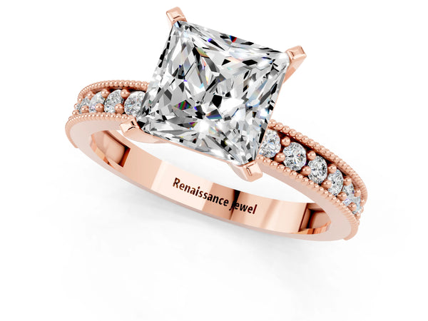 Rose gold Princess Cut Moissanite Milgrain Pavé Engagement Ring with Four-Prong Setting