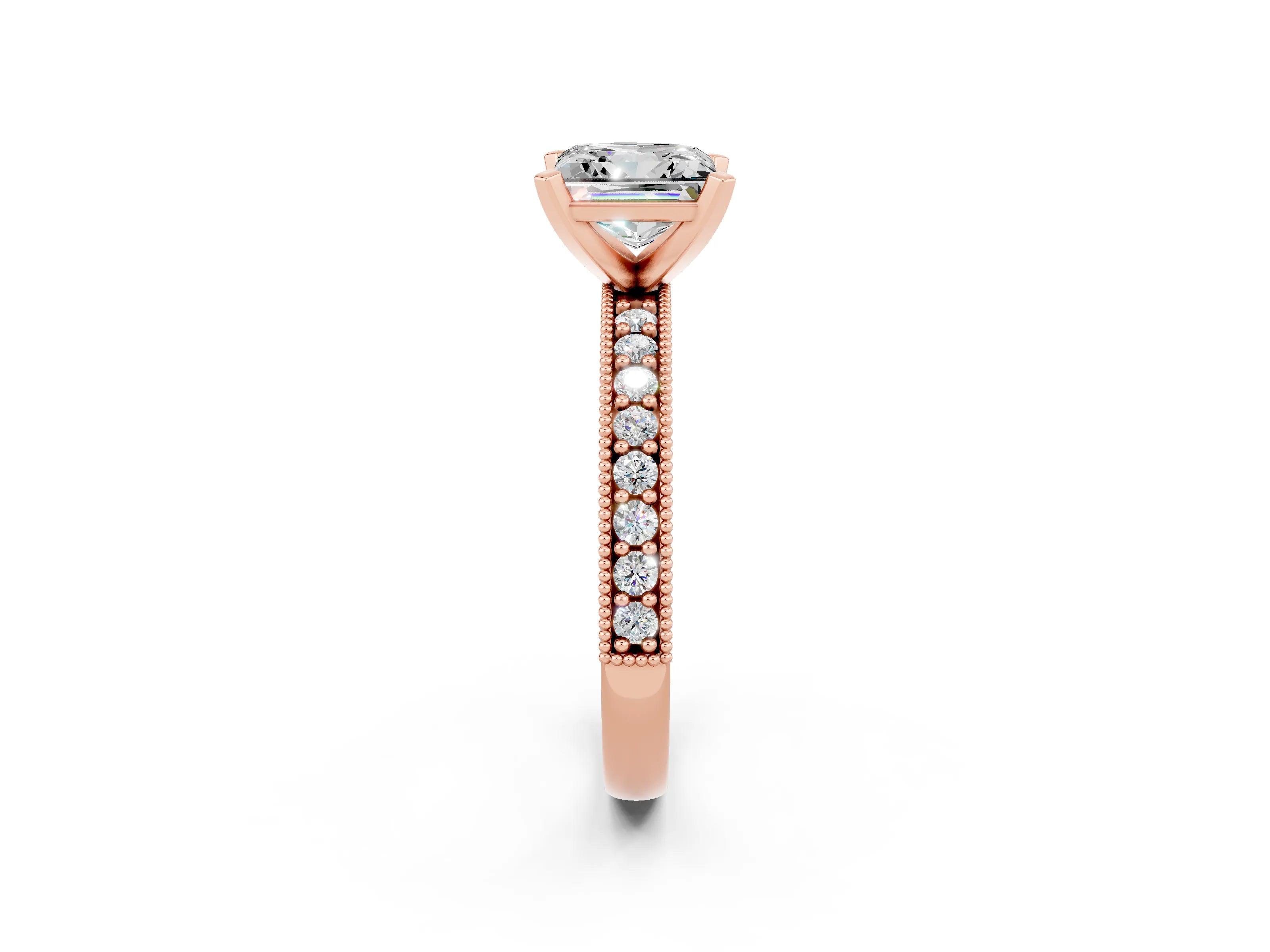 Rose gold Princess Cut Moissanite Milgrain Pavé Engagement Ring with Four-Prong Setting_14