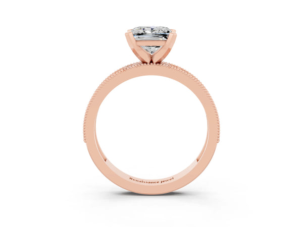 Rose gold Princess Cut Moissanite Milgrain Pavé Engagement Ring with Four-Prong Setting