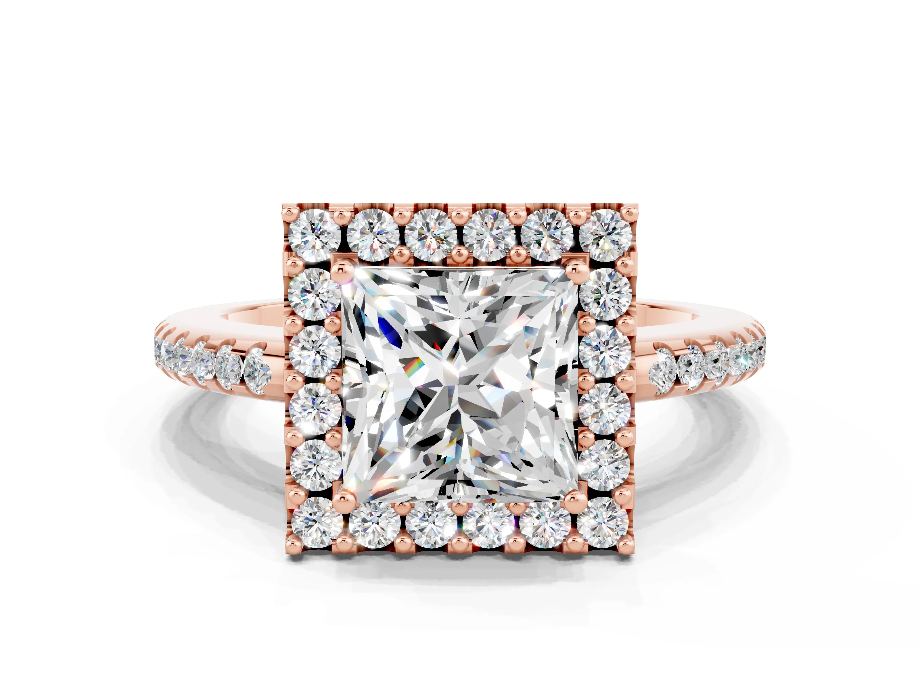 Rose gold Princess Cut Moissanite Pavé Halo Ring with Four-Prong Setting_12