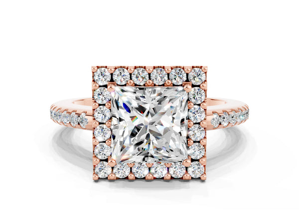 Rose gold Princess Cut Moissanite Pavé Halo Ring with Four-Prong Setting