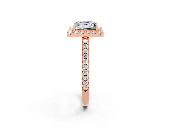 Rose gold Princess Cut Moissanite Pavé Halo Ring with Four-Prong Setting