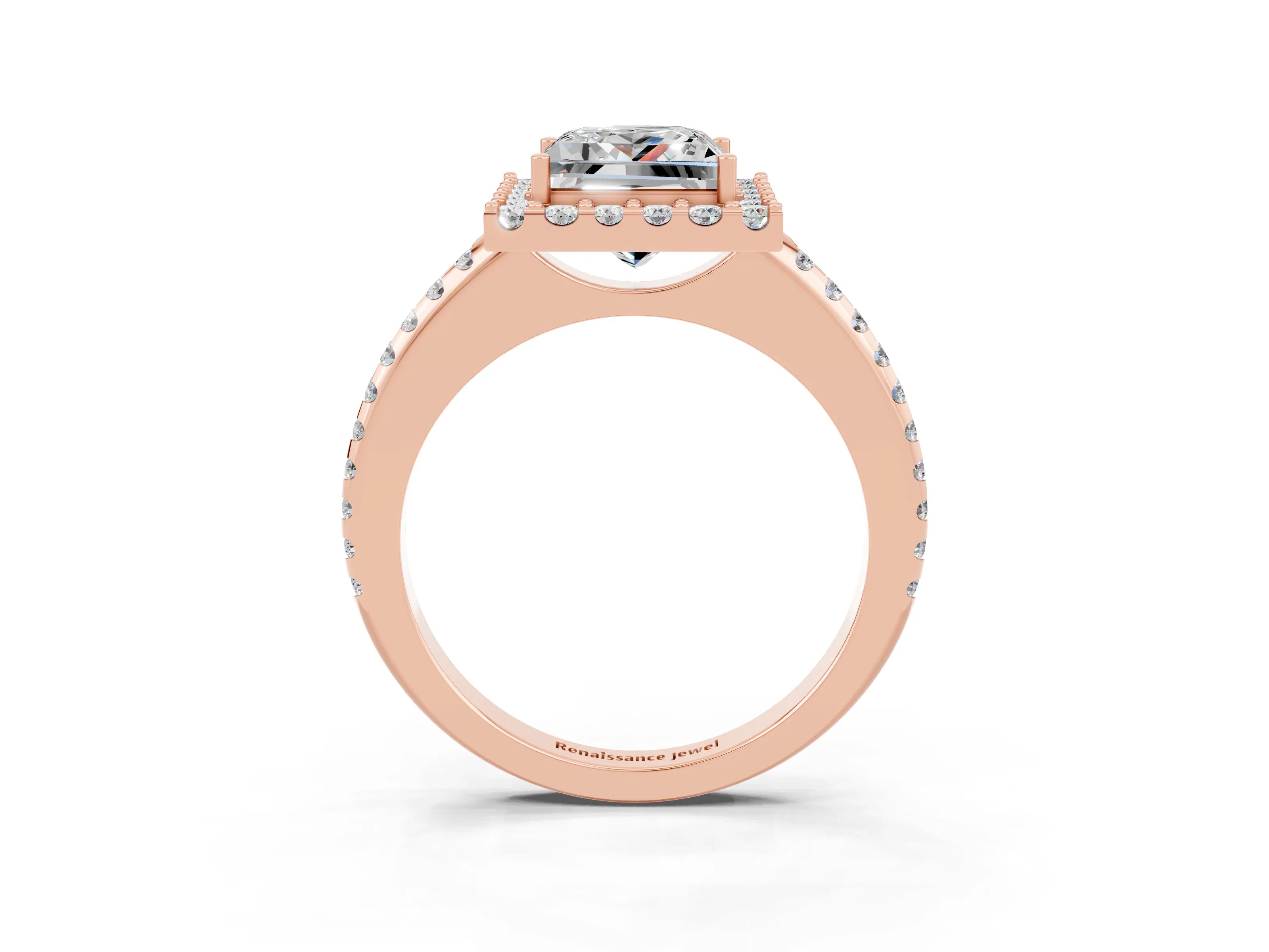 Rose gold Princess Cut Moissanite Pavé Halo Ring with Four-Prong Setting_15