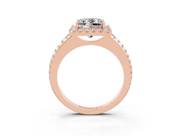 Rose gold Princess Cut Moissanite Pavé Halo Ring with Four-Prong Setting