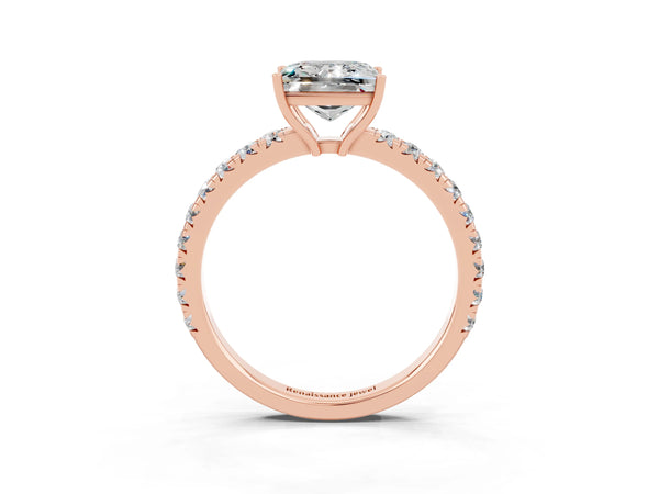 Rose gold Princess Cut Moissanite Pavé Solitaire Engagement Ring with Four-Prong Setting