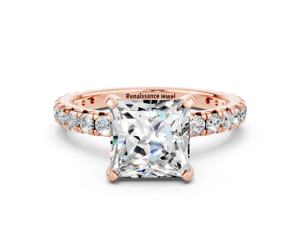 Rose gold Princess Cut Moissanite Pavé Solitaire Ring with Round Band and Prong Setting