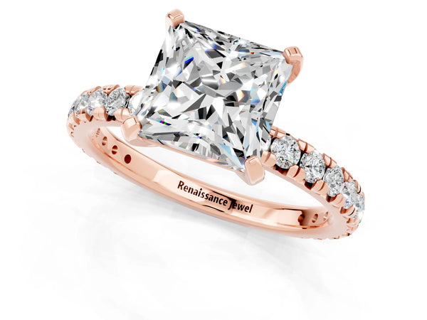 Rose gold Princess Cut Moissanite Pavé Solitaire Ring with Round Band and Prong Setting