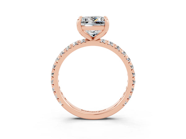 Rose gold Princess Cut Moissanite Pavé Solitaire Ring with Round Band and Prong Setting