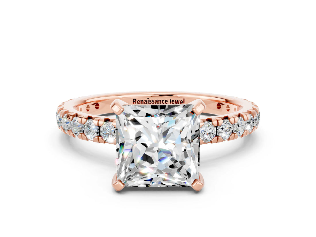 Rose gold Princess Cut Moissanite Pavé Solitaire Ring with Round Band and Prong Setting_24