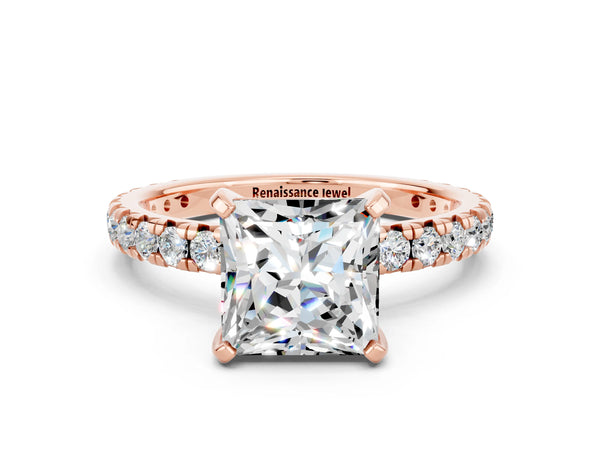 Rose gold Princess Cut Moissanite Pavé Solitaire Ring with Round Band and Prong Setting
