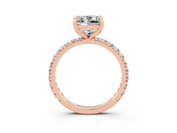 Rose gold Princess Cut Moissanite Pavé Solitaire Ring with Round Band and Prong Setting