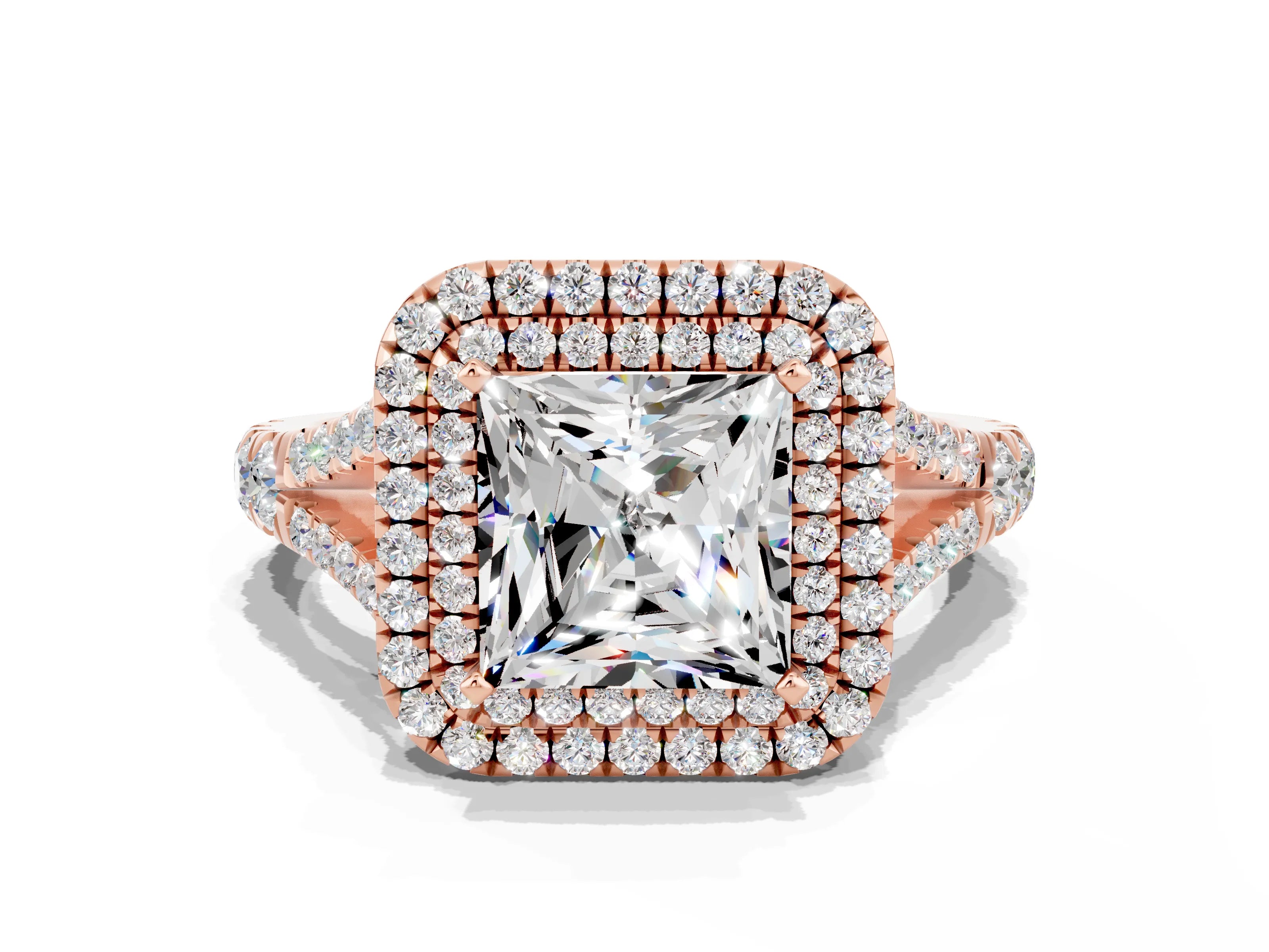 Rose gold Princess Cut Moissanite Pavé Split Shank Double Halo Engagement Ring