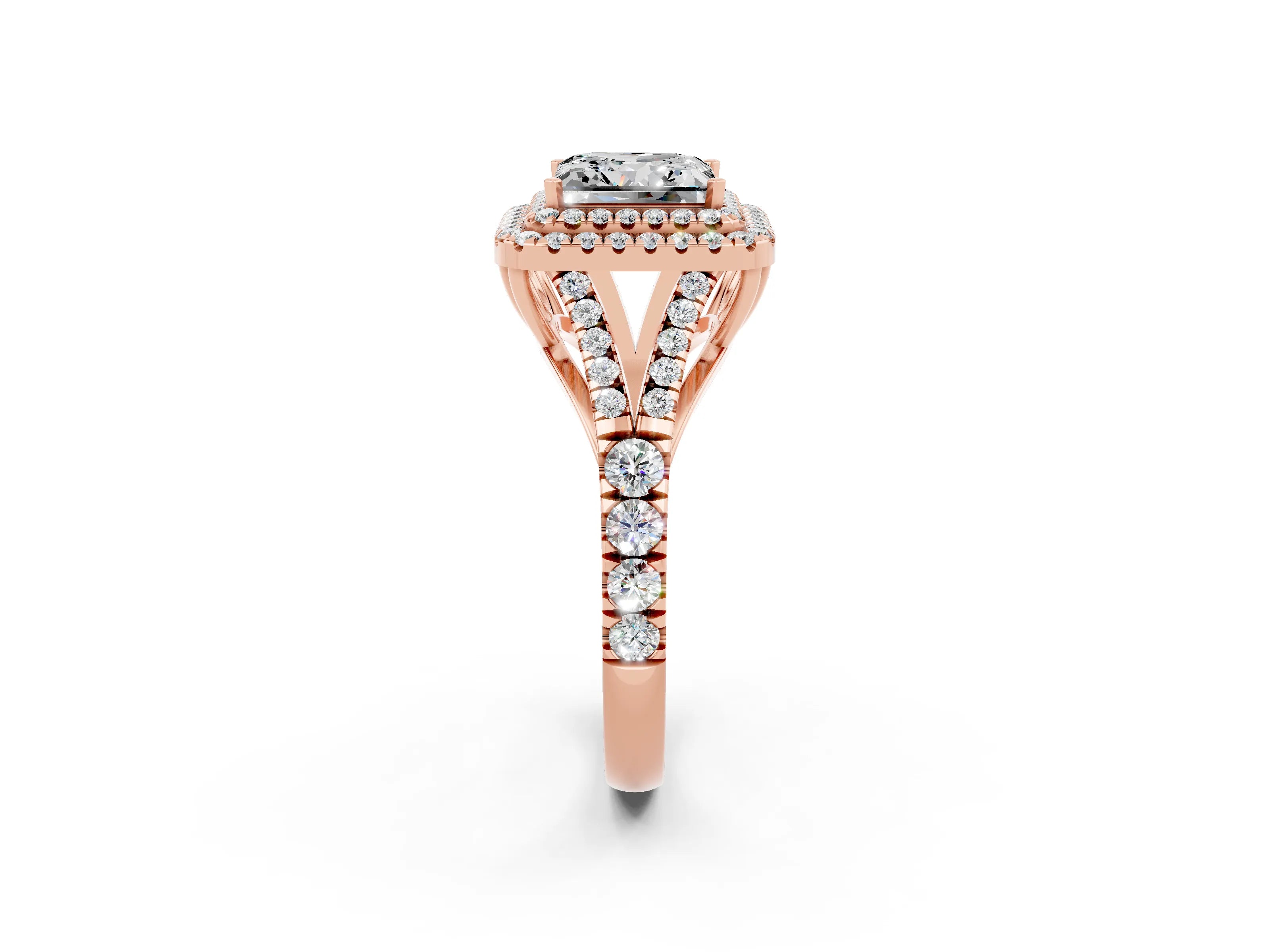 Rose gold Princess Cut Moissanite Pavé Split Shank Double Halo Engagement Ring_2