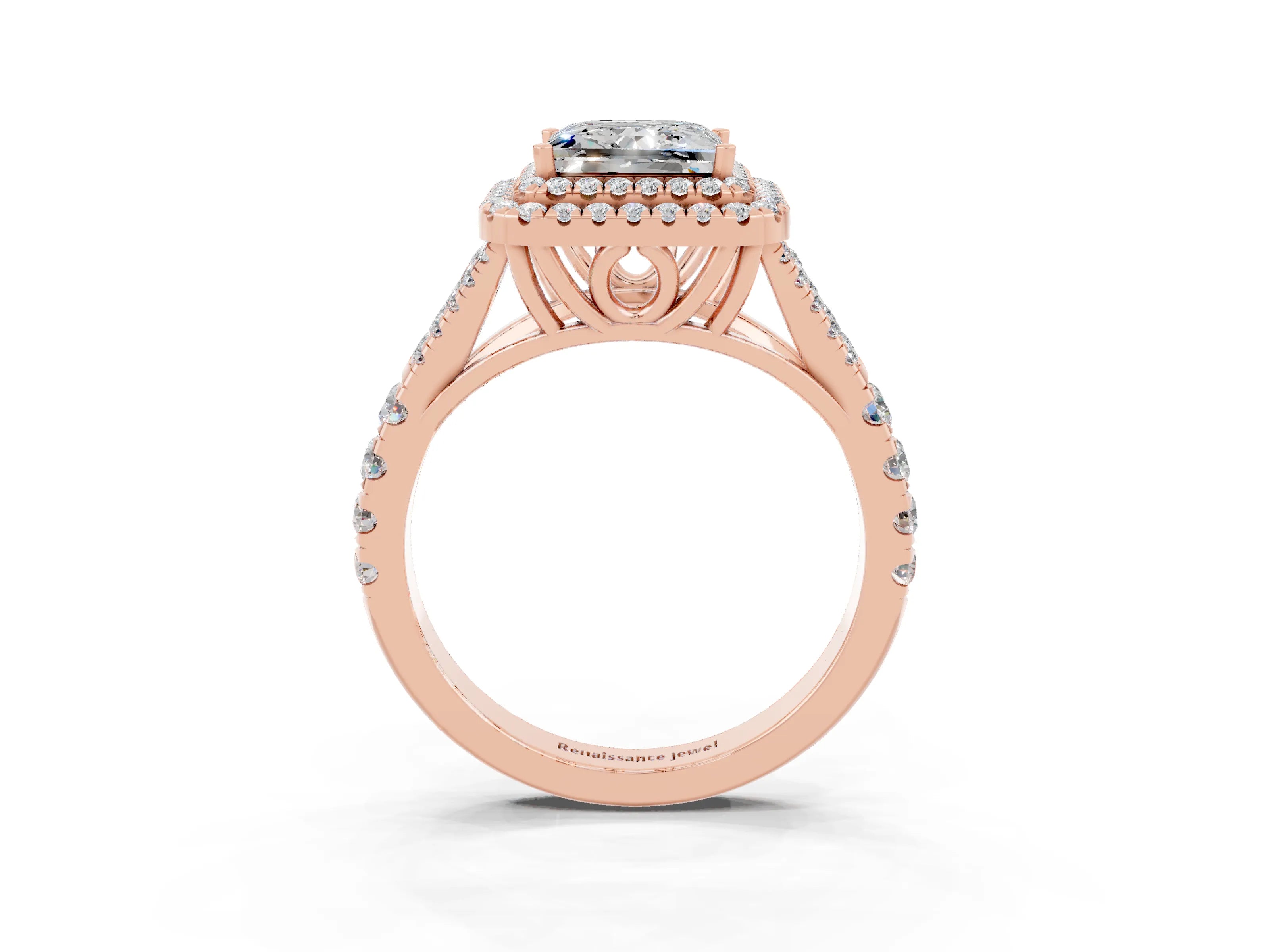 Rose gold Princess Cut Moissanite Pavé Split Shank Double Halo Engagement Ring_3