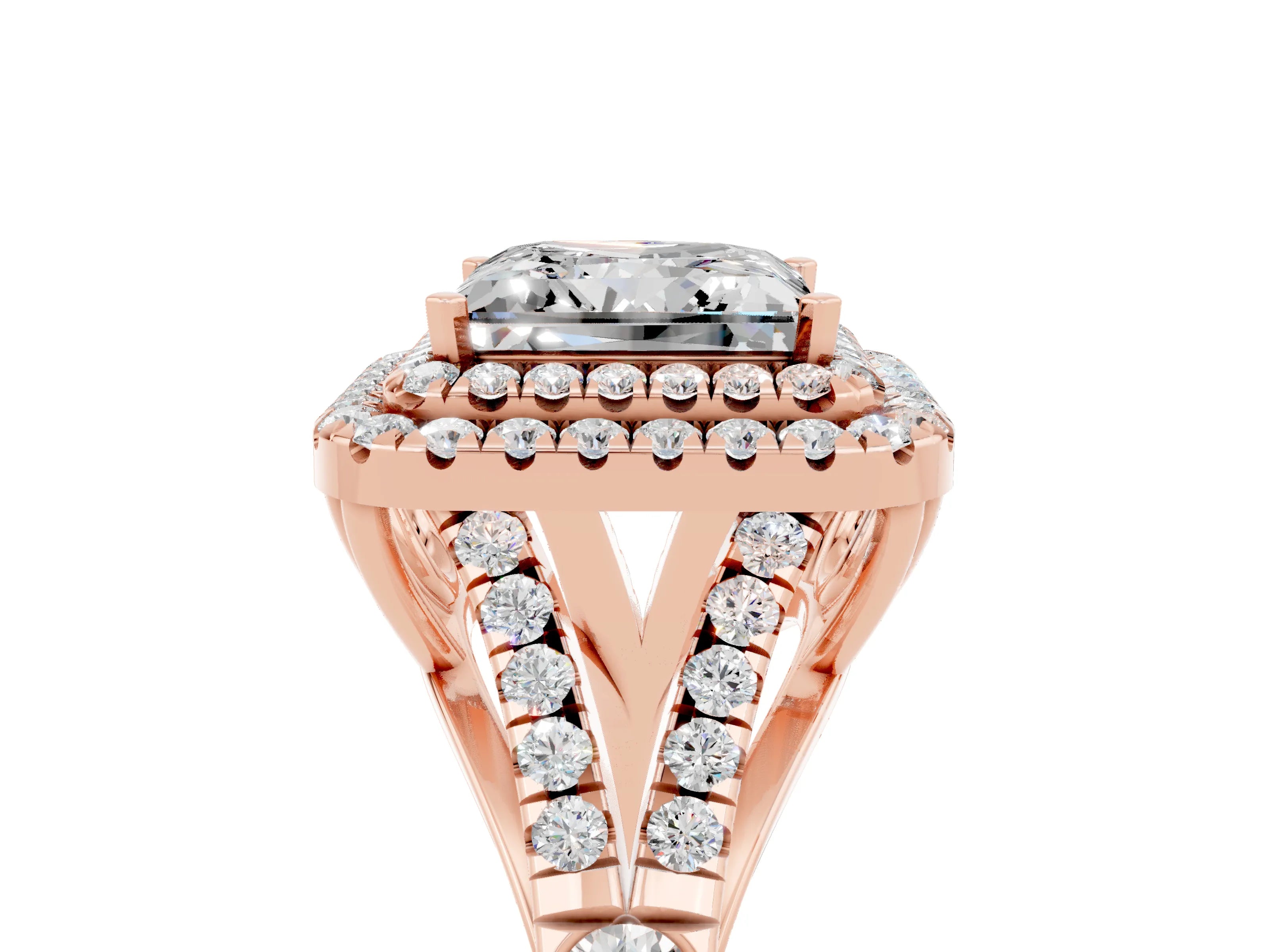 Rose gold Princess Cut Moissanite Pavé Split Shank Double Halo Engagement Ring_5