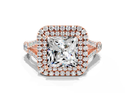 Rose gold Princess Cut Moissanite Pavé Split Shank Double Halo Engagement Ring