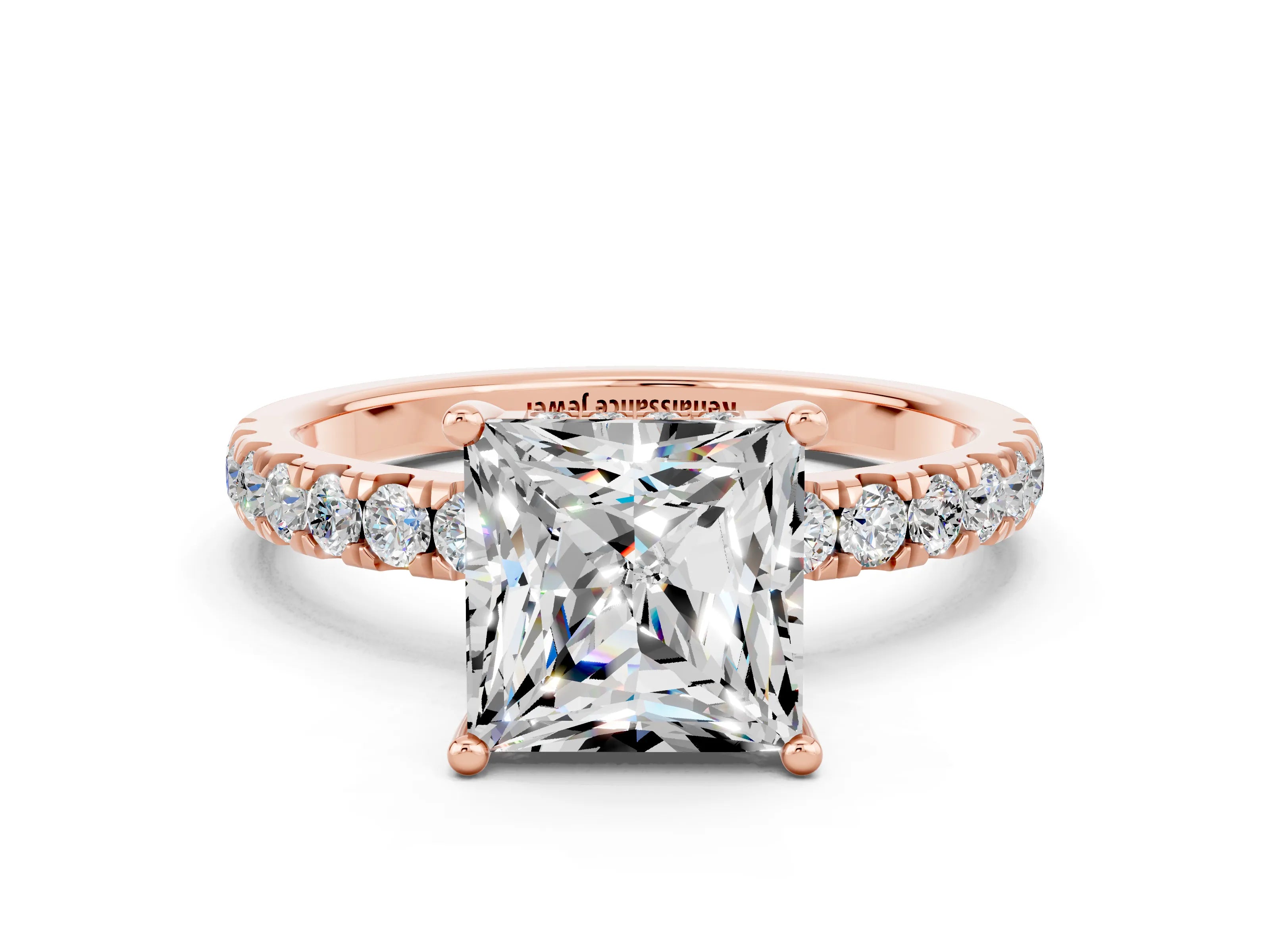 Rose gold Princess Cut Moissanite Pave Band Solitaire Ring with Four-Prong Setting_24