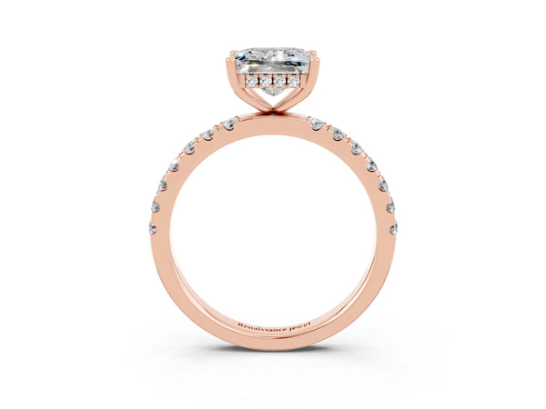 Rose gold Princess Cut Moissanite Pave Band Solitaire Ring with Round  and Prong Setting