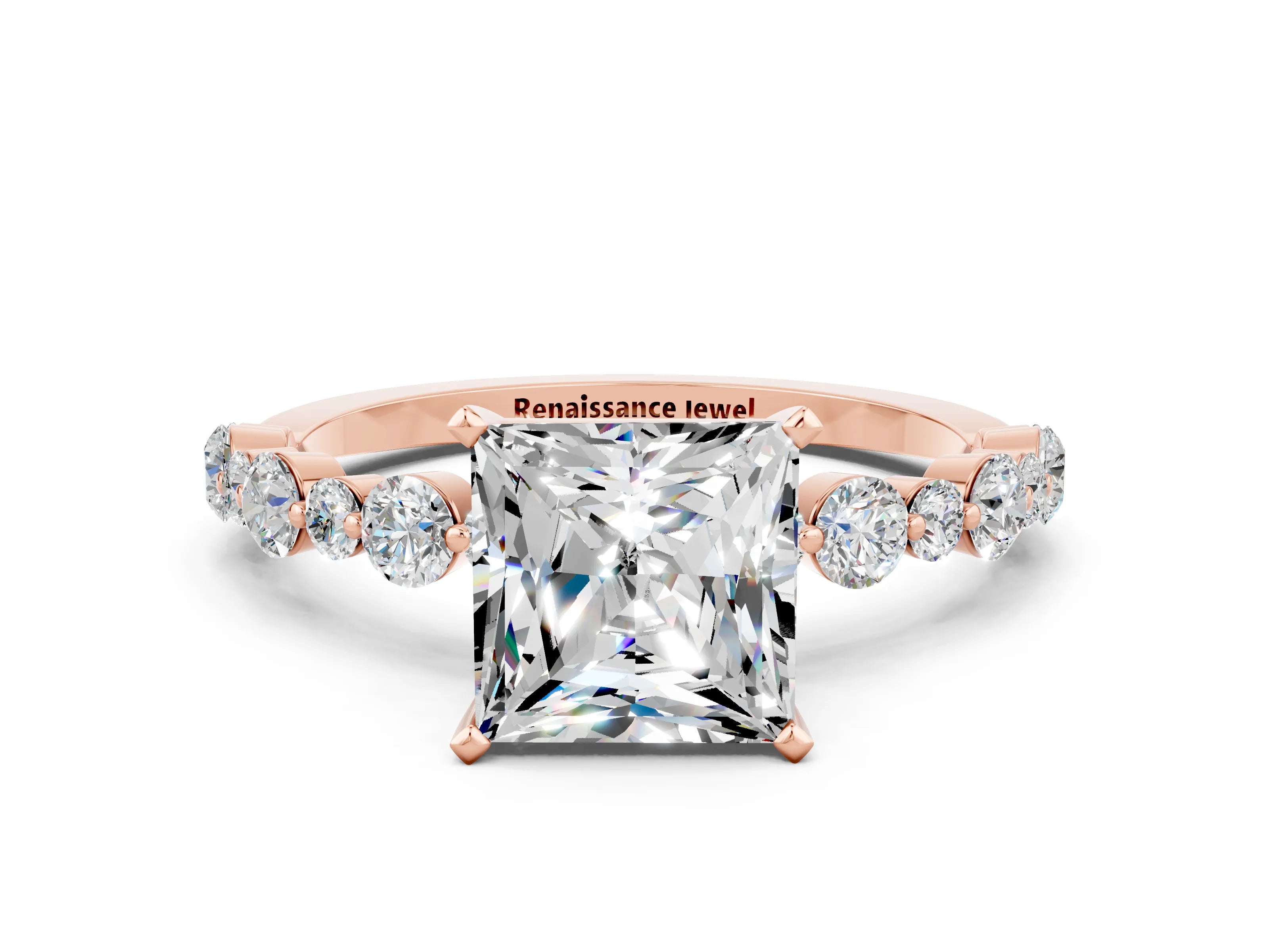 Rose gold Princess Cut Moissanite Prong Set Engagement Ring with Pavé Band