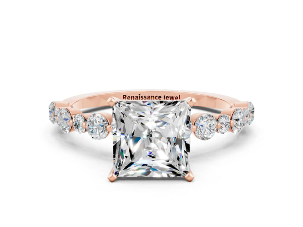 Rose gold Princess Cut Moissanite Prong Set Engagement Ring with Pavé Band