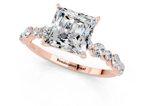 Rose gold Princess Cut Moissanite Prong Set Engagement Ring with Pavé Band_1