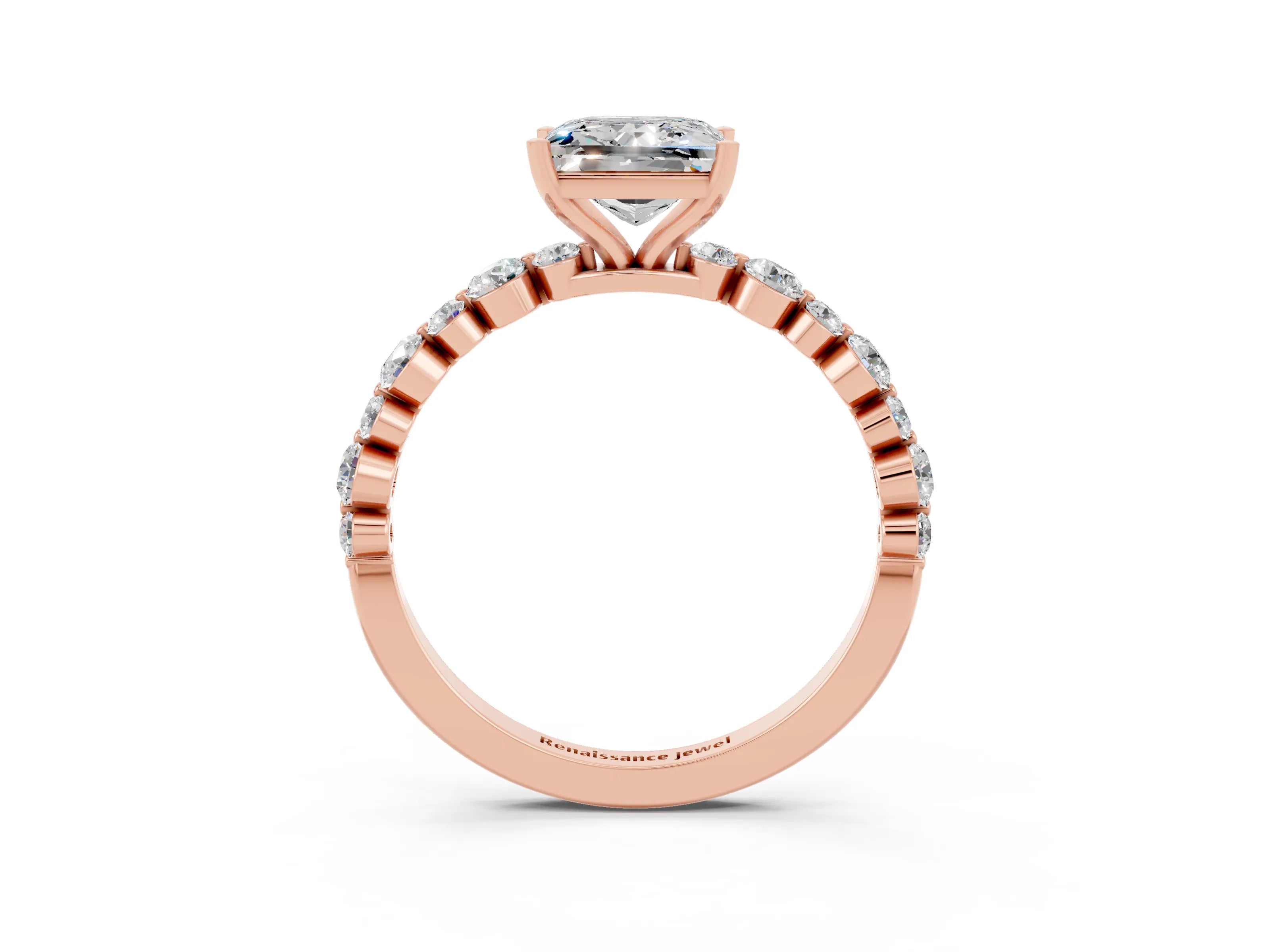 Rose gold Princess Cut Moissanite Prong Set Engagement Ring with Pavé Band_3