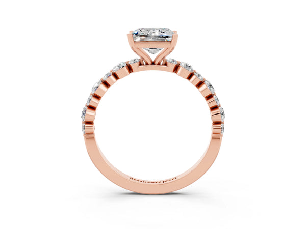 Rose gold Princess Cut Moissanite Prong Set Engagement Ring with Pavé Band