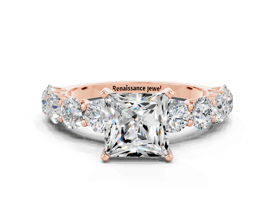Rose gold Princess Cut Moissanite Prong Setting with Side Stones on a Pave Band