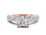 Rose gold Princess Cut Moissanite Prong Setting with Side Stones on a Pave Band