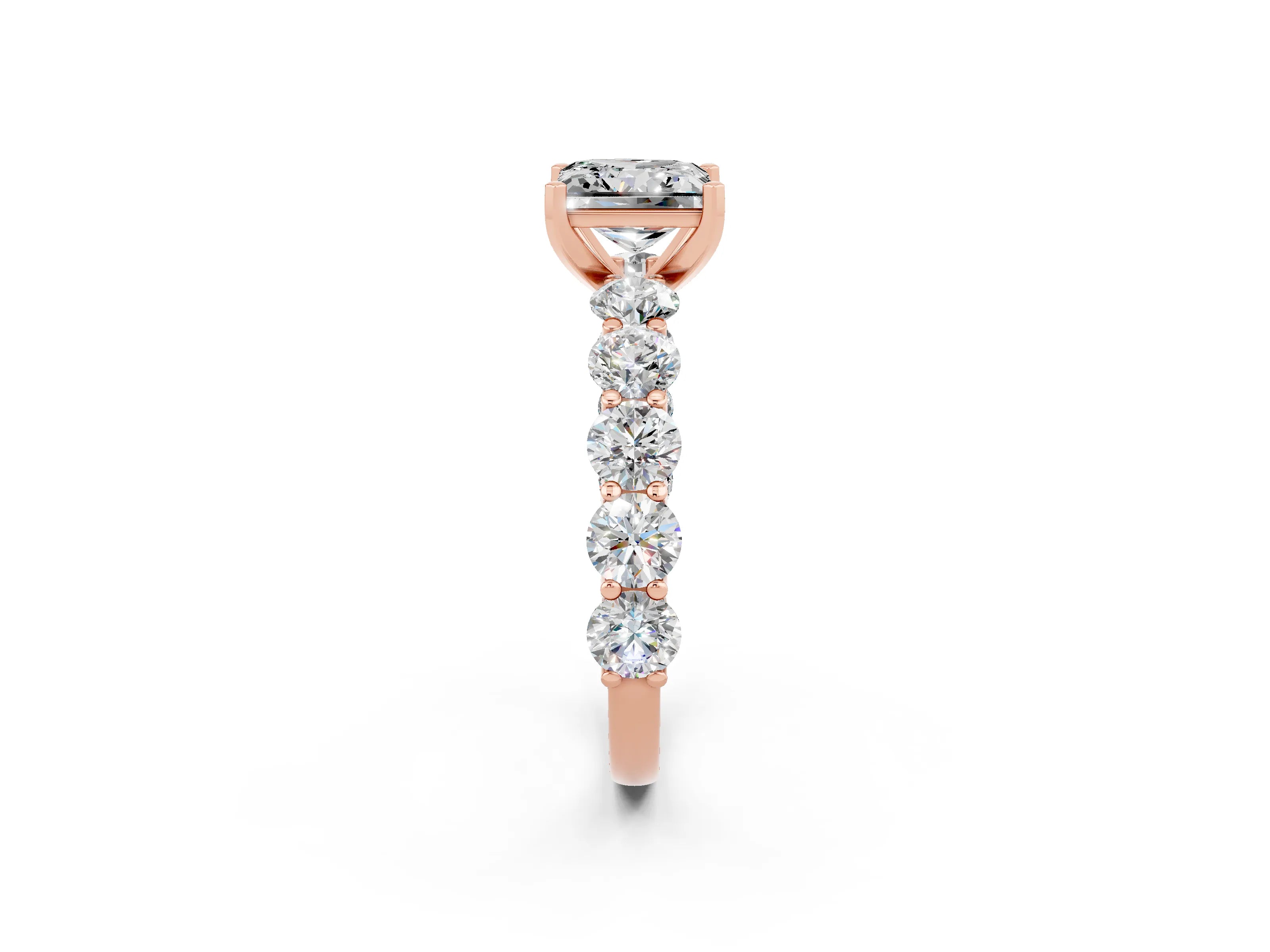 Rose gold Princess Cut Moissanite Prong Setting with Side Stones on a Pave Band_2