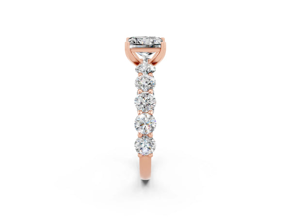 Rose gold Princess Cut Moissanite Prong Setting with Side Stones on a Pave Band