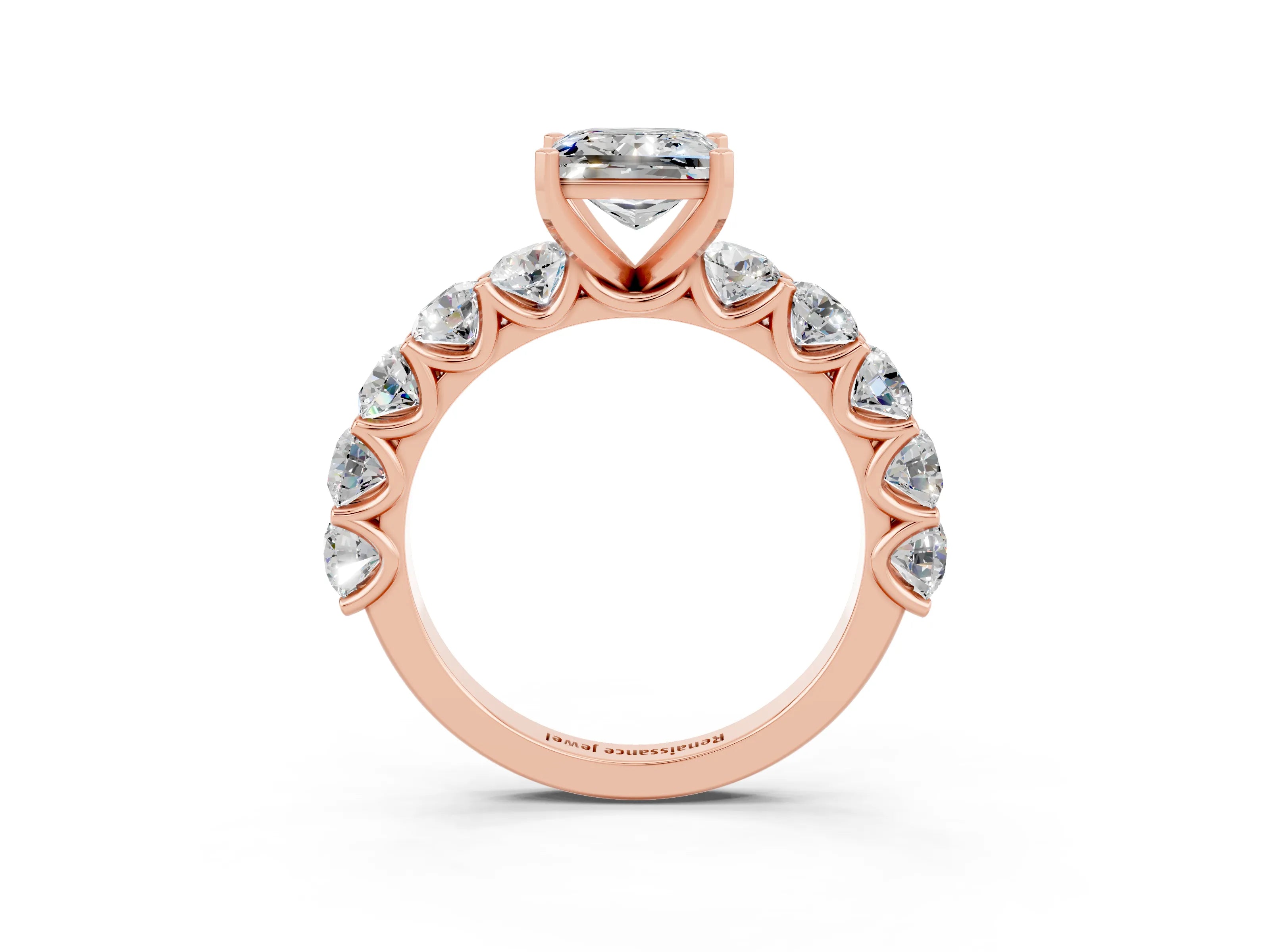 Rose gold Princess Cut Moissanite Prong Setting with Side Stones on a Pave Band_3