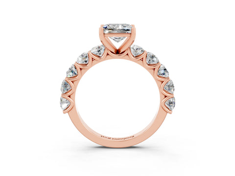 Rose gold Princess Cut Moissanite Prong Setting with Side Stones on a Pave Band_3