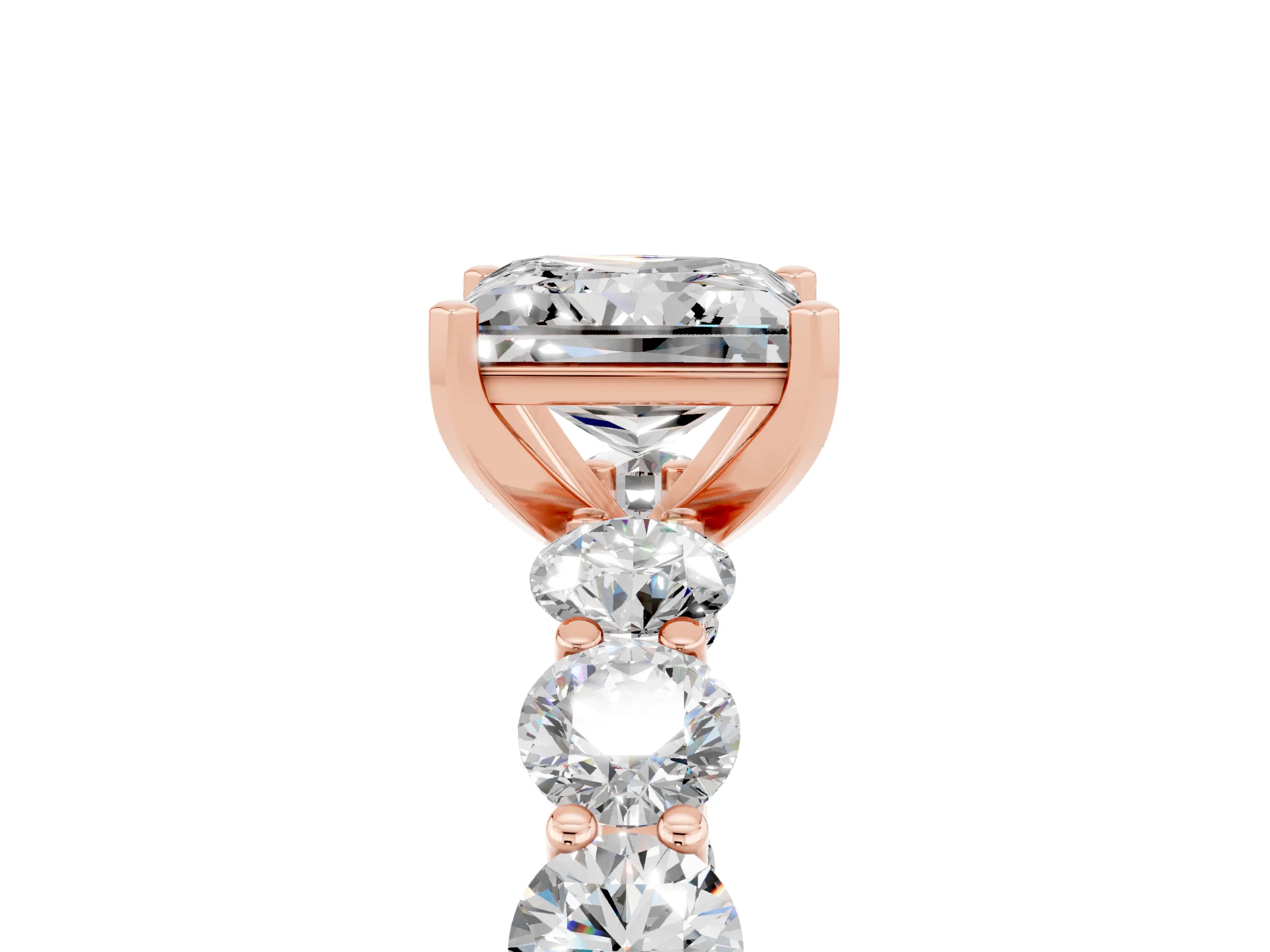 Rose gold Princess Cut Moissanite Prong Setting with Side Stones on a Pave Band_5