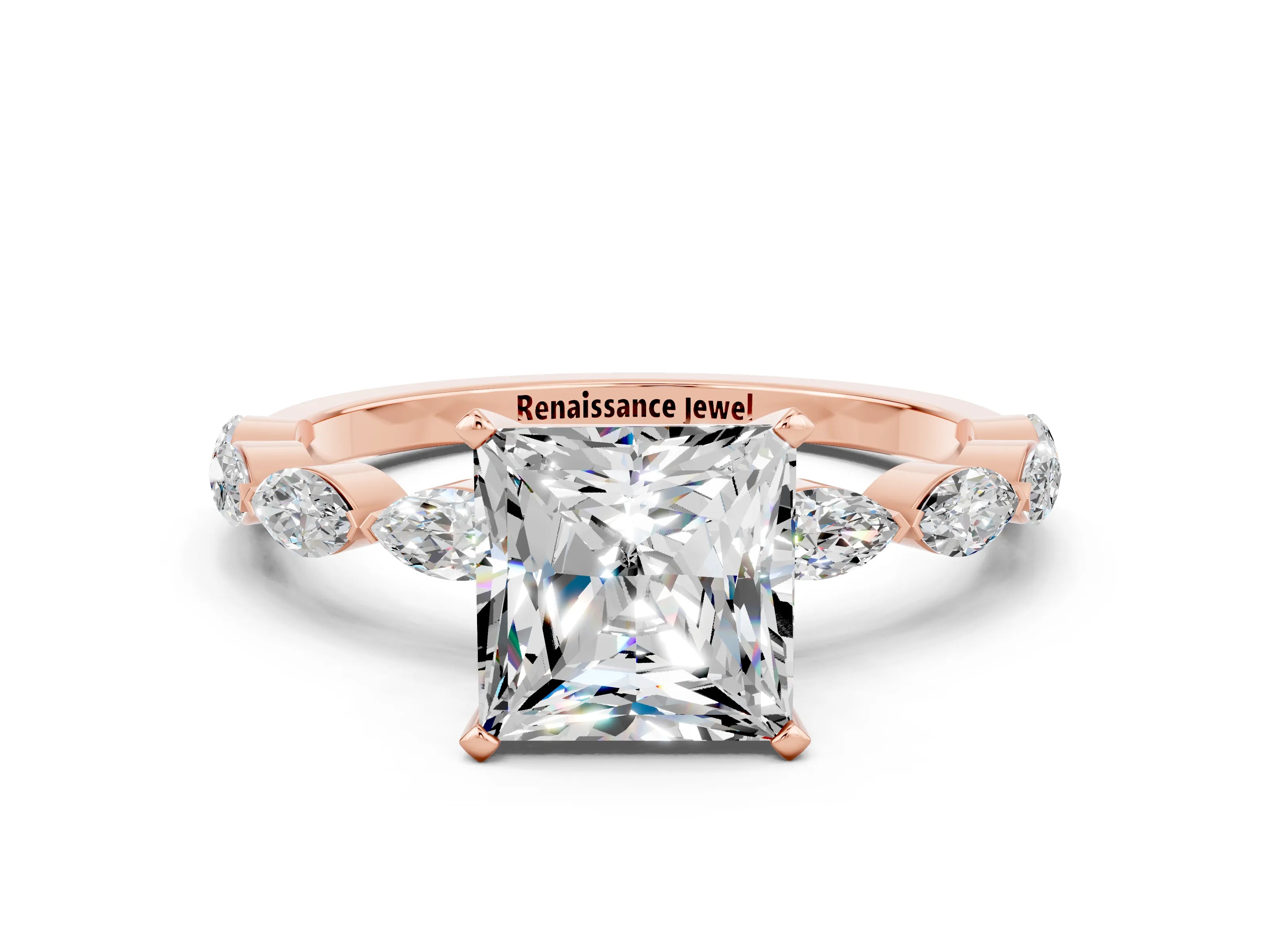 Rose gold Princess Cut Moissanite Ring with Marquise Side Stones and Prong Setting
