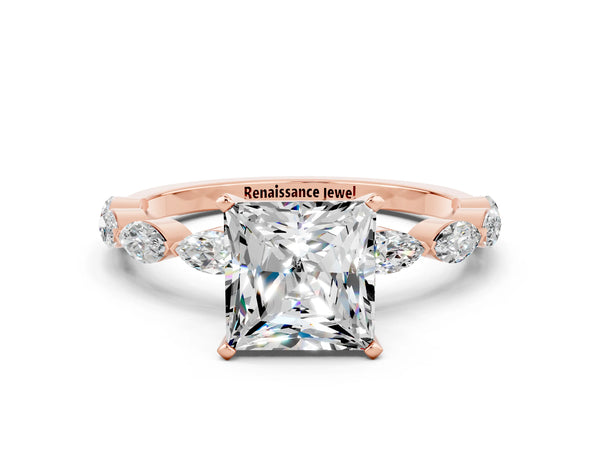 Rose gold Princess Cut Moissanite Ring with Marquise Side Stones and Prong Setting